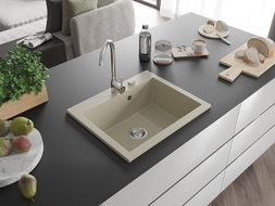 Mexen Elix granitdiskbänk 1-kammare 600 x 500 mm, beige, kromsifon - 6525601005-69