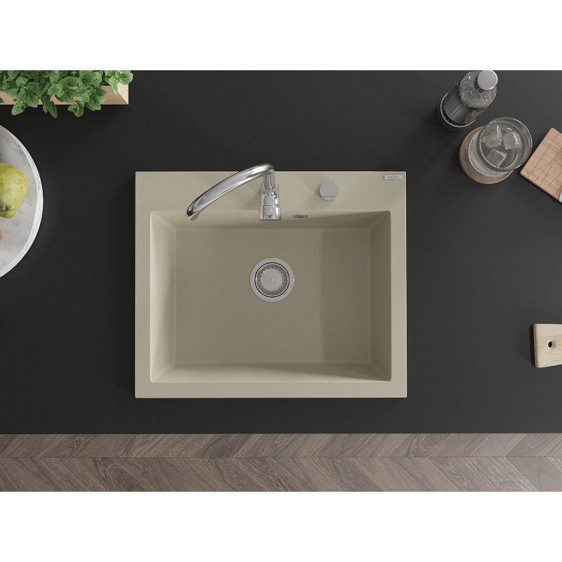 Mexen Elix νεροχύτης γρανίτης 1 θάλαμος 600 x 500 mm, μπεζ, σιφόνι χρώμιο