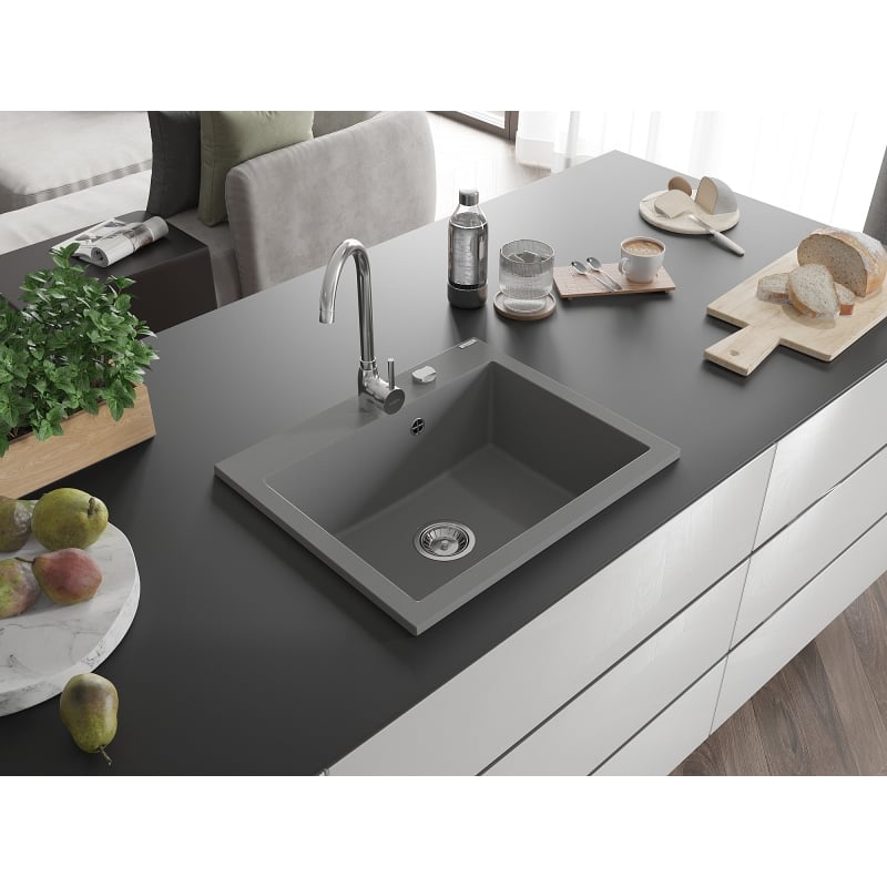 Mexen Elix granite sink 1-bowl 600 x 500 mm, grey, chrome siphon - 6525601005-71