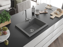 Mexen Elix granieten gootsteen 1-komerig 600 x 500 mm, grijs, chroomsifon - 6525601005-71