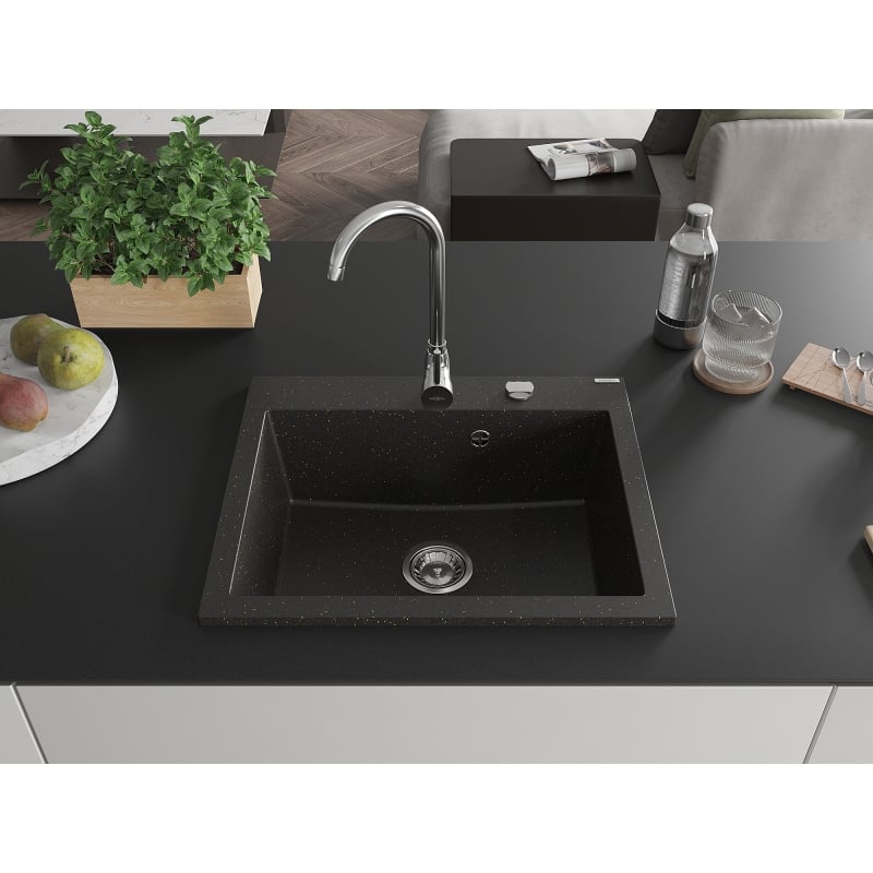 Mexen Elix granite sink 1-bowl 600 x 500 mm, black/gold metallic, chrome siphon - 6525601005-75