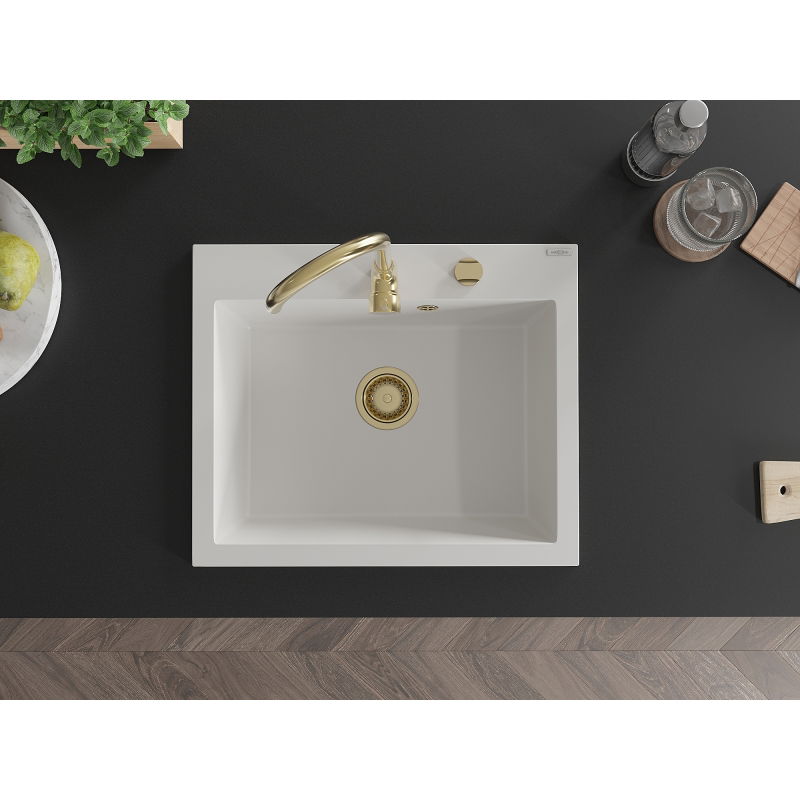 Mexen Elix lava-loiça em granito de 1 bacia 600 x 500 mm, branco, sifão dourado - 6525601005-20-G