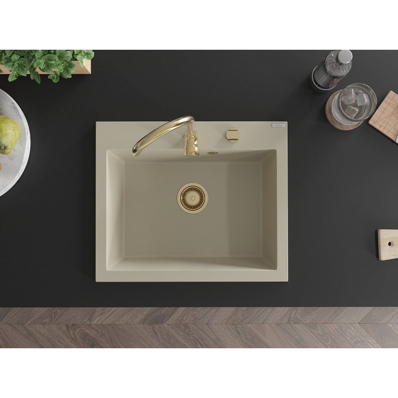 Mexen Elix Graniittinen yksialtainen pesuallas 600 x 500 mm, beige, kultainen syyfooni - 6525601005-69-G