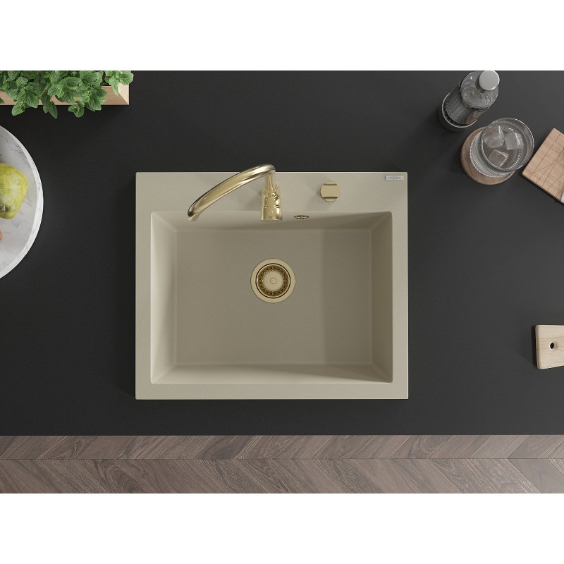 Mexen Elix Granit Spullsteen mat enger Boîte 600 x 500 mm, Beige, goldene Siphon - 6525601005-69-G