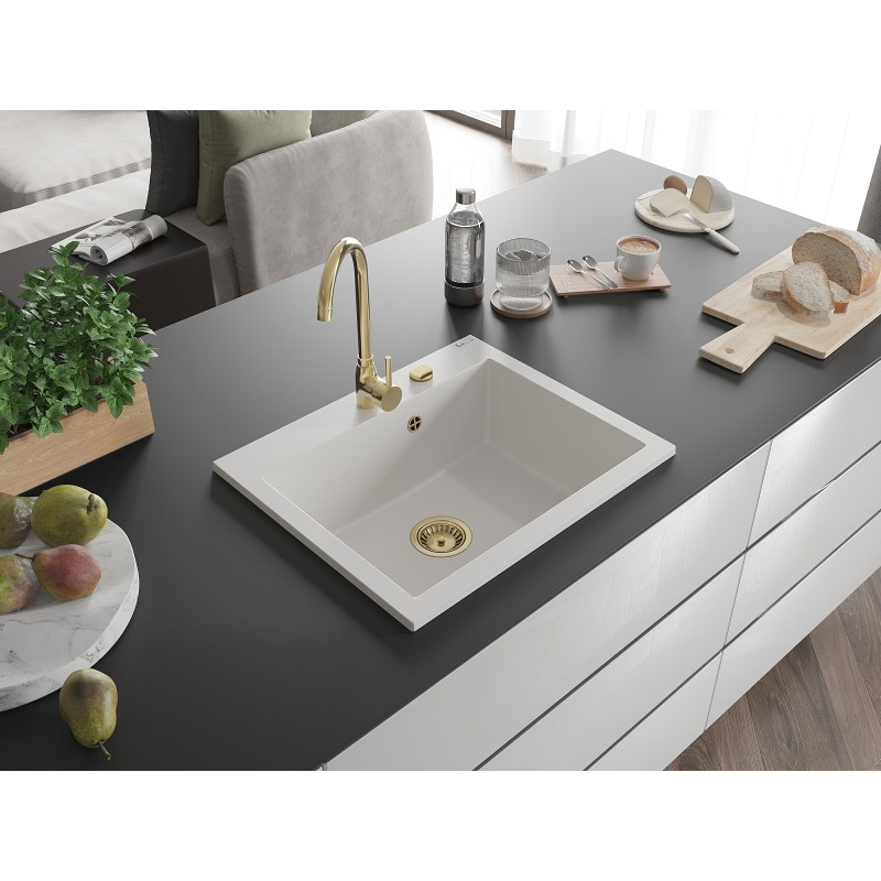 Mexen Elix granitni sudoper 1-komorni 600 x 500 mm, bijeli, zlatni sifon - 6525601005-20-G