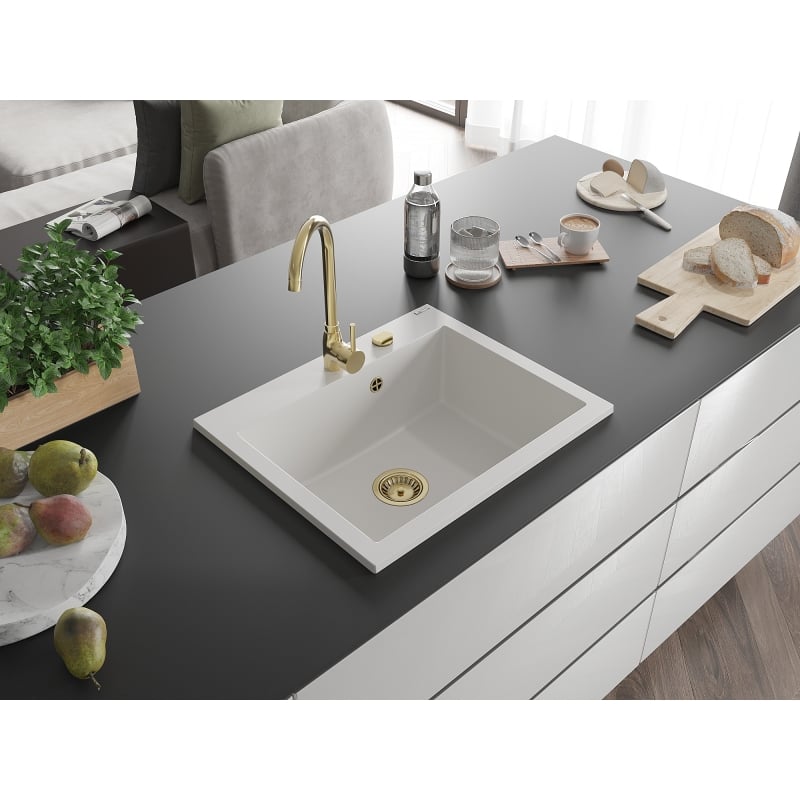 Mexen Elix yksi-allasinen graniittiallas 600 x 500 mm, valkoinen, kultainen sifoni - 6525601005-20-G