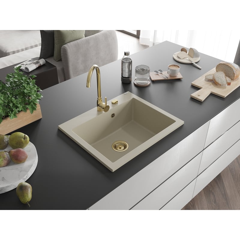 Mexen Elix zlewozmywak granitowy 1-komorowy 600 x 500 mm, beżowy, syfon złoty - 6525601005-69-G