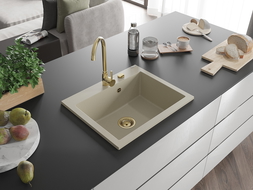 Mexen Elix Granitspüle 1-Becken 600 x 500 mm, beige, Siphon gold - 6525601005-69-G