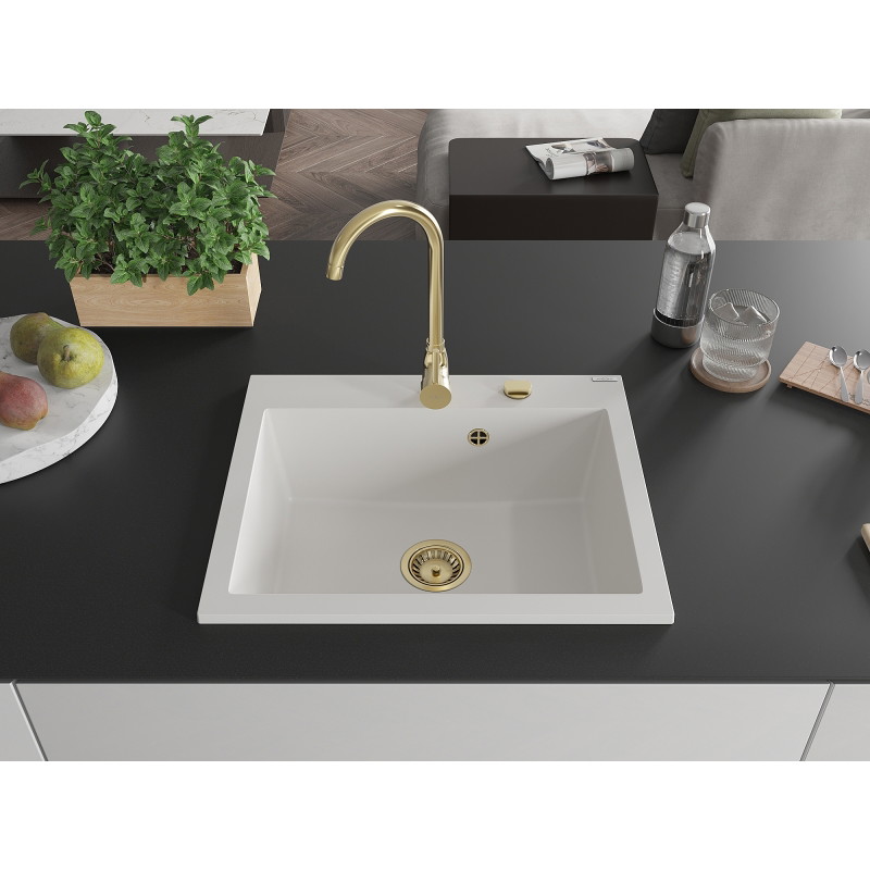 Mexen Elix granitni sudoper 1-komorni 600 x 500 mm, bijeli, zlatni sifon - 6525601005-20-G
