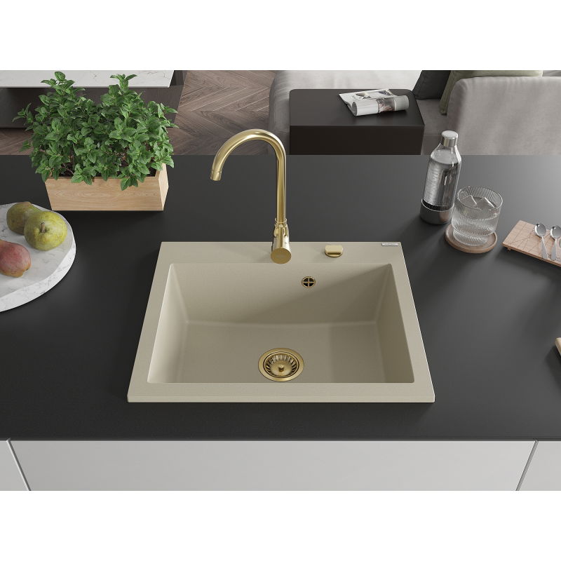 Mexen Elix granite sink 1-bowl 600 x 500 mm, beige, gold siphon - 6525601005-69-G