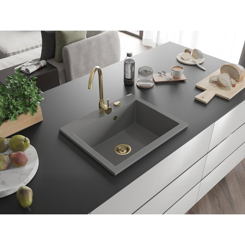 Mexen Elix granite sink 1-bowl 600 x 500 mm, grey, gold siphon - 6525601005-71-G