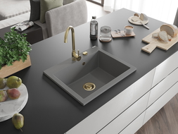 Mexen Elix Granitspüle 1-becken 600 x 500 mm, grau, goldener Siphon - 6525601005-71-G