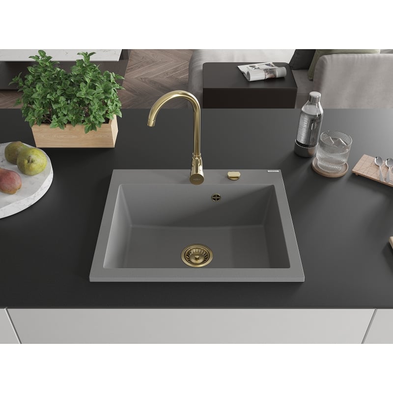 Mexen Elix granite sink 1-bowl 600 x 500 mm, grey, gold siphon - 6525601005-71-G
