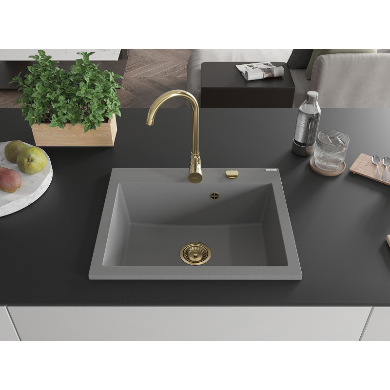 Mexen Elix granitni sudoper s 1 komorom 600 x 500 mm, sivi, zlatni sifon - 6525601005-71-G