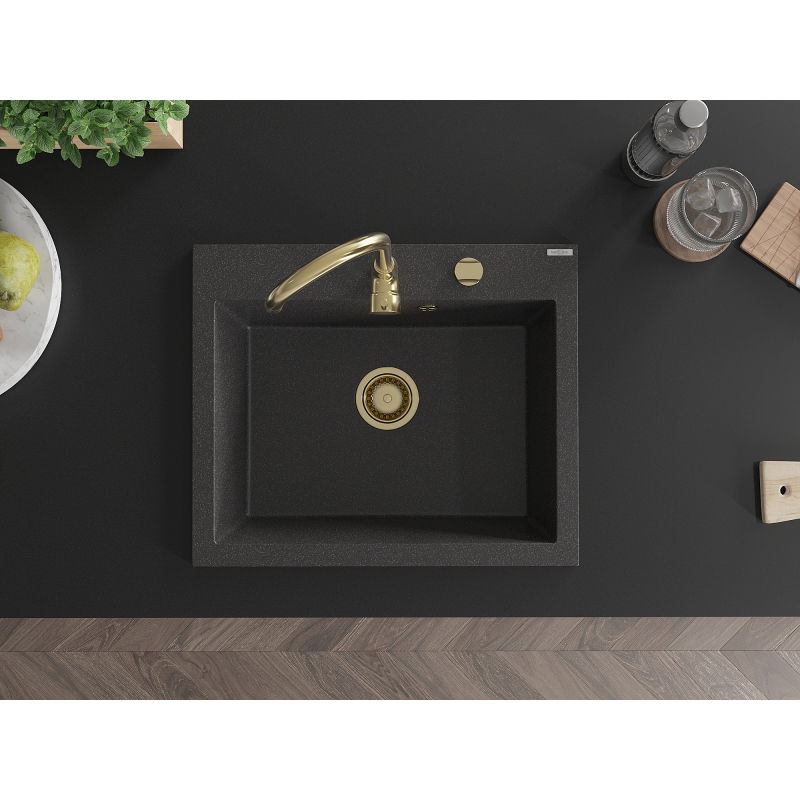 Mexen Elix granitno pomivalno korito z 1 komoro 600 x 500 mm, črno s pikami, zlati sifon - 6525601005-76-G