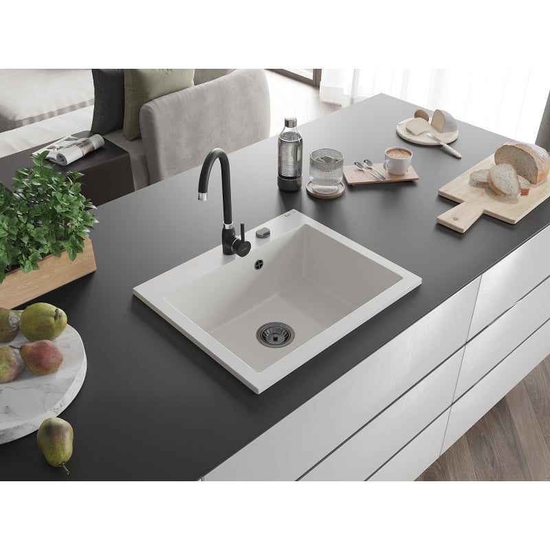 Mexen Elix 1-Bowl Granite Sink 600 x 500 mm, White, Black Siphon - 6525601005-20-B