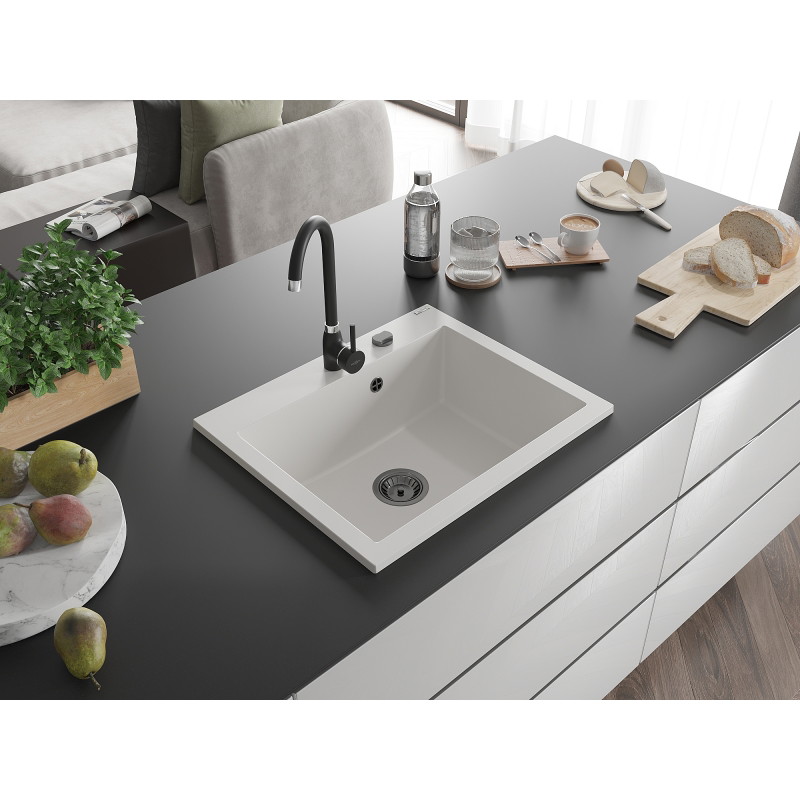 Mexen Elix zlewozmywak granitowy 1-komorowy 600 x 500 mm, biały, syfon czarny - 6525601005-20-B