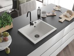 Mexen Elix granieten spoelbak 1-kamer 600 x 500 mm, wit, zwarte sifon - 6525601005-20-B