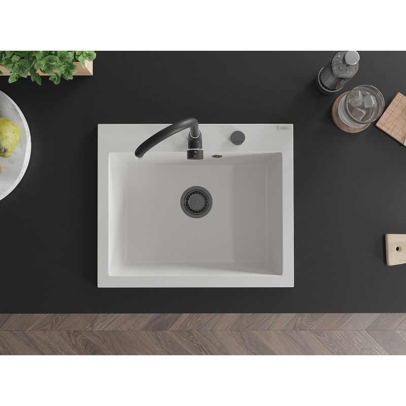 Mexen Elix lavello da cucina in granito a 1 vasca 600 x 500 mm, bianco, sifone nero - 6525601005-20-B