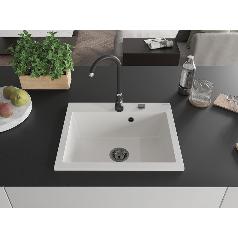 Mexen Elix granitni sudoper s jednom komorom 600 x 500 mm, bijeli, crni sifon - 6525601005-20-B