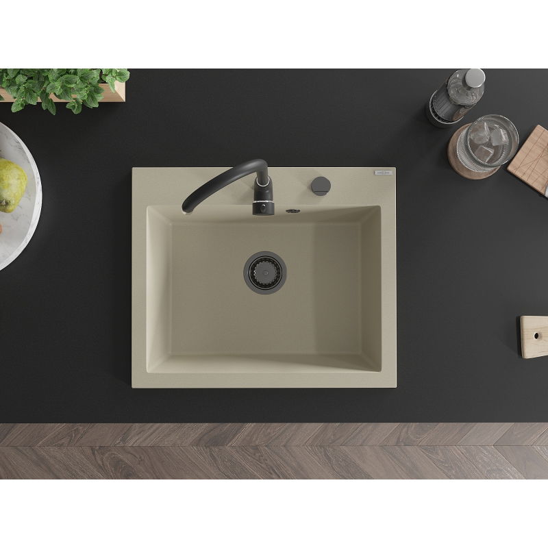Mexen Elix granieten spoelbak 1-komers 600 x 500 mm, beige, zwarte sifon- 6525601005-69-B