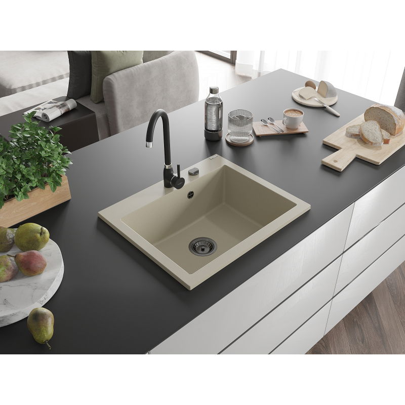 Mexen Elix granitdiskho med en kammare 600 x 500 mm, beige, svart avloppssats - 6525601005-69-B