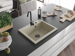 Mexen Elix Granitspüle 1-Becken 600 x 500 mm, beige, schwarzer Siphon- 6525601005-69-B