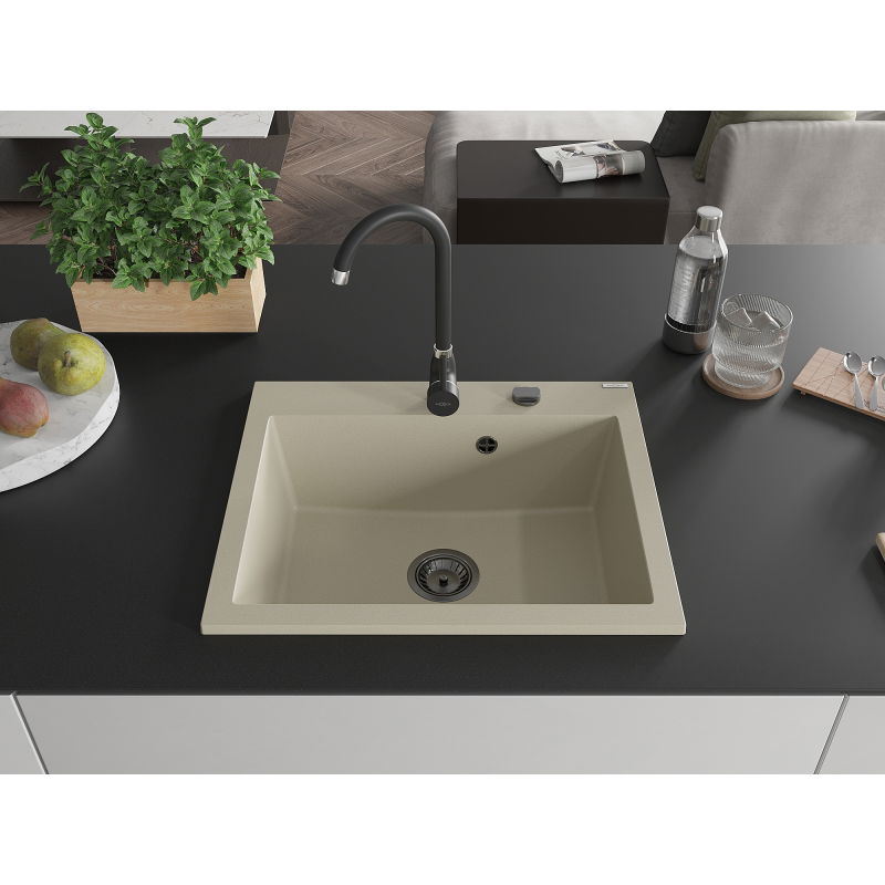 Mexen Elix fregadero de granito de 1 cubeta 600 x 500 mm, beige, sifón negro- 6525601005-69-B