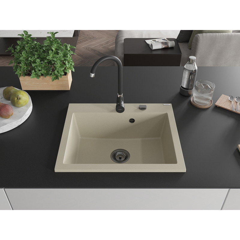 Mexen Elix graniidist köögivalamu, 1-kauseline, 600 x 500 mm, beež, must sifoon - 6525601005-69-B