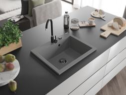 Mexen Elix graniitaline köögivalamu, 1-kambriline, 600 x 500 mm, hall, must sifoon - 6525601005-71-B