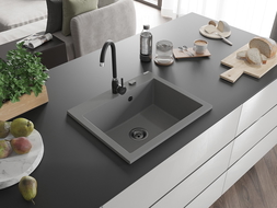Mexen Elix Granitspüle ein Becken 600 x 500 mm, grau, schwarzer Siphon - 6525601005-71-B