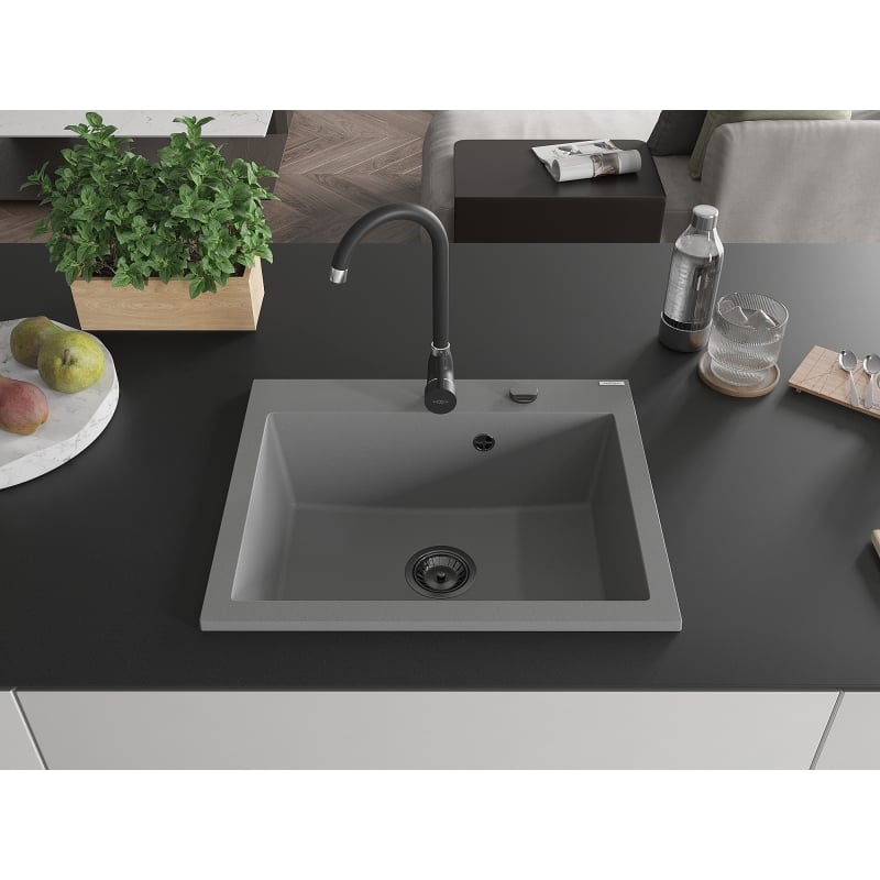 Mexen Elix graniitaline köögivalamu, 1-kambriline, 600 x 500 mm, hall, must sifoon - 6525601005-71-B