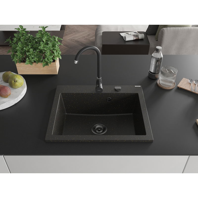 Mexen Elix fregadero de granito de 1 cubeta 600 x 500 mm, negro/dorado metálico, sifón negro - 6525601005-75-B