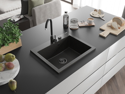 Mexen Elix granieten gootsteen 1-kamer 600 x 500 mm, zwart/gouden metallic, zwarte sifon - 6525601005-75-B