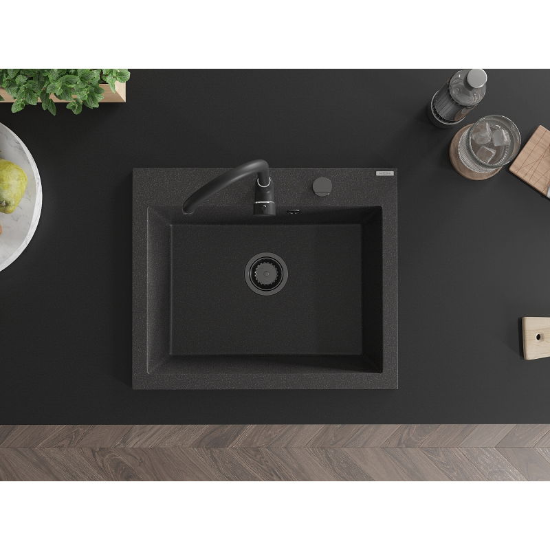 Mexen Elix lavello in granito a 1 vasca 600 x 500 mm, nero maculato, sifone nero - 6525601005-76-B