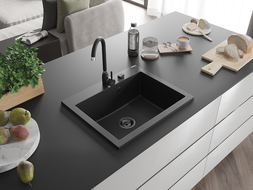 Mexen Elix lava-loiça de granito de 1 cuba 600 x 500 mm, preto, sifão preto - 6525601005-77-B