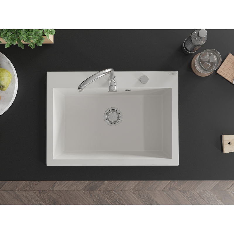Mexen Elix fregadero de granito de 1 compartimento 700 x 500 mm, blanco, sifón cromo - 6526701005-20