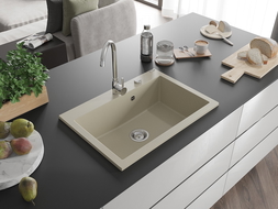Mexen Elix Granitspüle 1-Becken 700 x 500 mm, beige, Chrom-Siphon - 6526701005-69