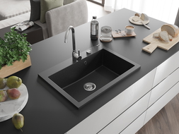 Mexen Elix granieten spoelbak 1-compartiment 700 x 500 mm, zwart/zilver metallic, sifon chroom - 6526701005-73