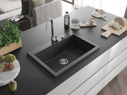 Mexen Elix granitno pomivalno korito z 1-prekatom, 700 x 500 mm, črno pikčasto, kromiran sifon - 6526701005-76