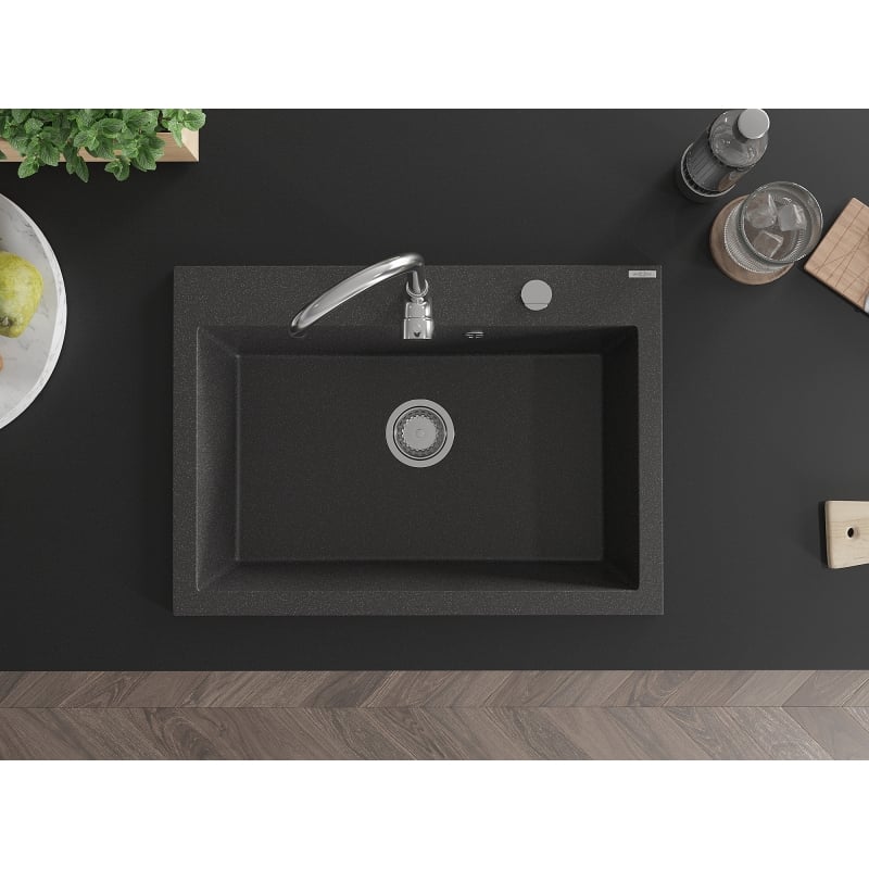 Mexen Elix fregadero de granito de 1 cámar, 700 x 500 mm, negro moteado, sifón cromado - 6526701005-76