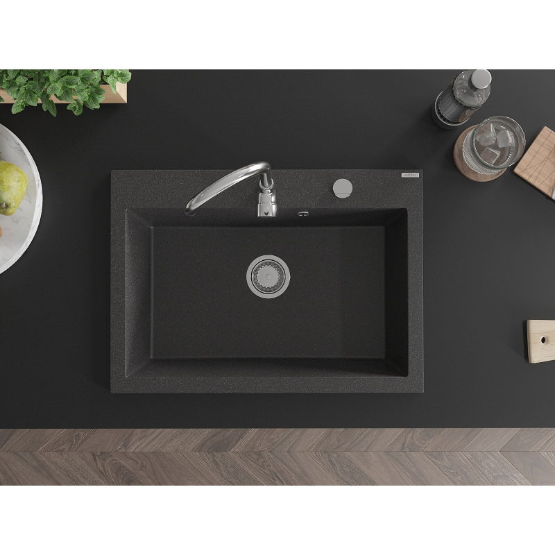 Mexen Elix granitdiskbänk 1-facks 700 x 500 mm, svart spräcklig, kromavlopp - 6526701005-76