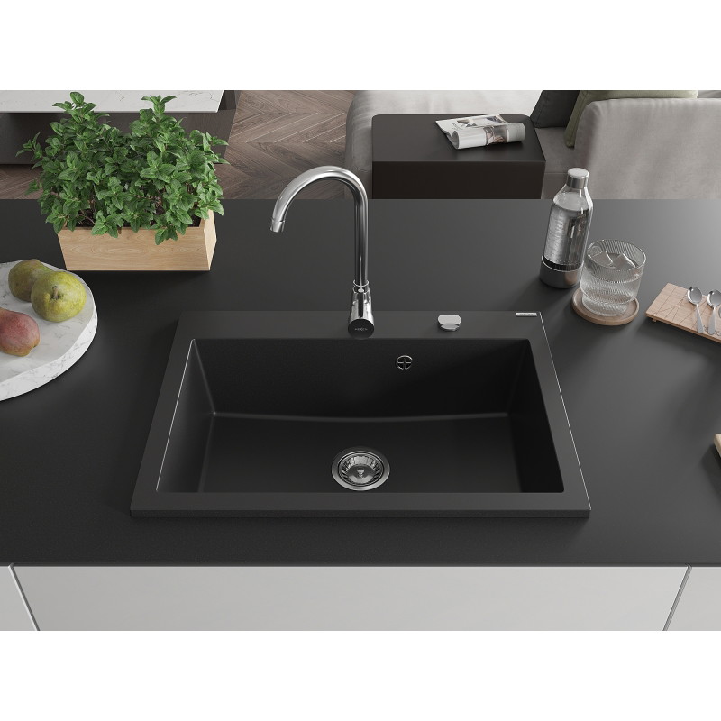 Mexen Elix ühe kausiga graniidist köögivalamu 700 x 500 mm, must, kroom sifoon - 6526701005-77