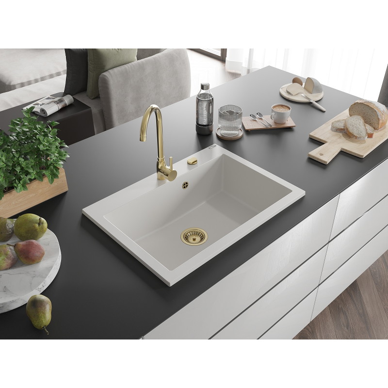 Mexen Elix zlewozmywak granitowy 1-komorowy 700 x 500 mm, biały, syfon złoty - 6526701005-20-G