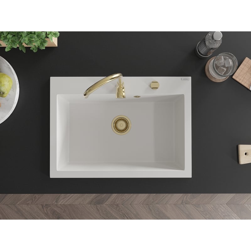 Mexen Elix fregadero de granito de 1 seno 700 x 500 mm, blanco, sifón dorado - 6526701005-20-G