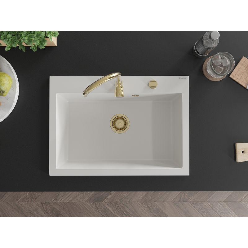 Mexen Elix lava-loiça de granito de 1 bacia 700 x 500 mm, branco, sifão dourado - 6526701005-20-G