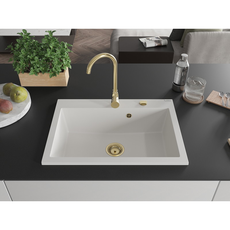 Mexen Elix zlewozmywak granitowy 1-komorowy 700 x 500 mm, biały, syfon złoty - 6526701005-20-G