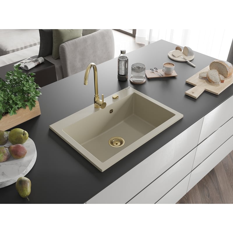 Mexen Elix zlewozmywak granitowy 1-komorowy 700 x 500 mm, beżowy, syfon złoty - 6526701005-69-G