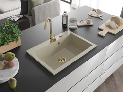 Mexen Elix fregadero de granito de 1 cubeta 700 x 500 mm, beige, sifón dorado - 6526701005-69-G