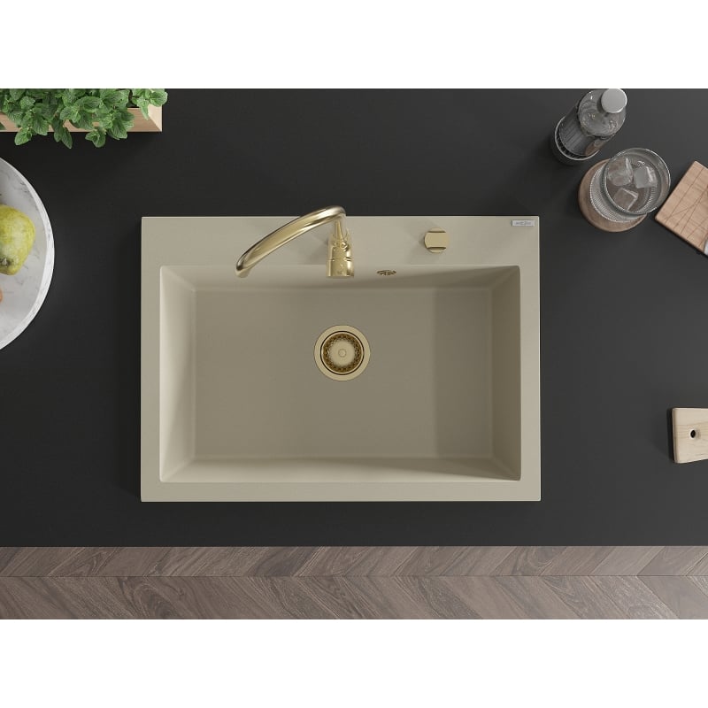 Mexen Elix granieten spoelbak 1-kamer 700 x 500 mm, beige, gouden sifon - 6526701005-69-G
